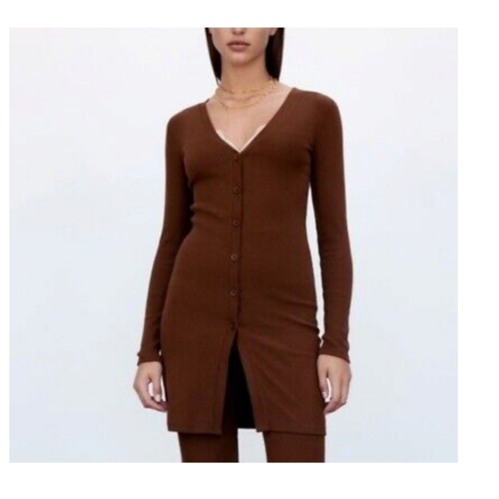ZARA Brown Ribbed Knit Long Line Stretch Cardigan Small Button Front Bodycon